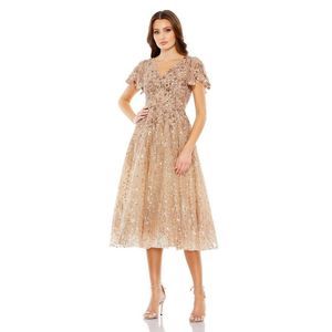 Mac Duggal 20392 Embellished Butterfly Fit & Flare Tea Length Dress Taupe Size 4